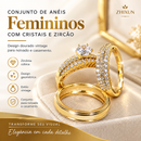 Conjunto de Anéis Femininos com Zircônia Cúbica – Design Geométrico Dourado para Noivado