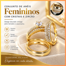 Conjunto de Anéis Femininos com Zircônia Cúbica – Design Geométrico Dourado para Noivado