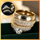 Conjunto de Anéis Femininos com Zircônia Cúbica – Design Geométrico Dourado para Noivado