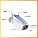 Câmera de segurança solar branca com antenas, painel solar e sensor de movimento.