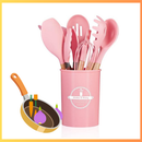 ROSA - Conjunto de Utensílios de Cozinha 12 Peças - Silicone e Cabo de Madeira