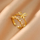 Anel Feminino Folhas Zircão Dourado 18K Pave Anel Borboleta Aesthetic Elegante Presente Casamento