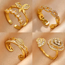 Anel Feminino Folhas Zircão Dourado 18K Pave Anel Borboleta Aesthetic Elegante Presente Casamento
